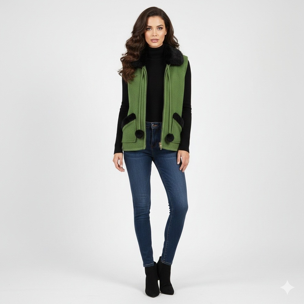 Lisa International Vest Womens M Green Wool Faux Fur Trim Classic‎ Statement VTG